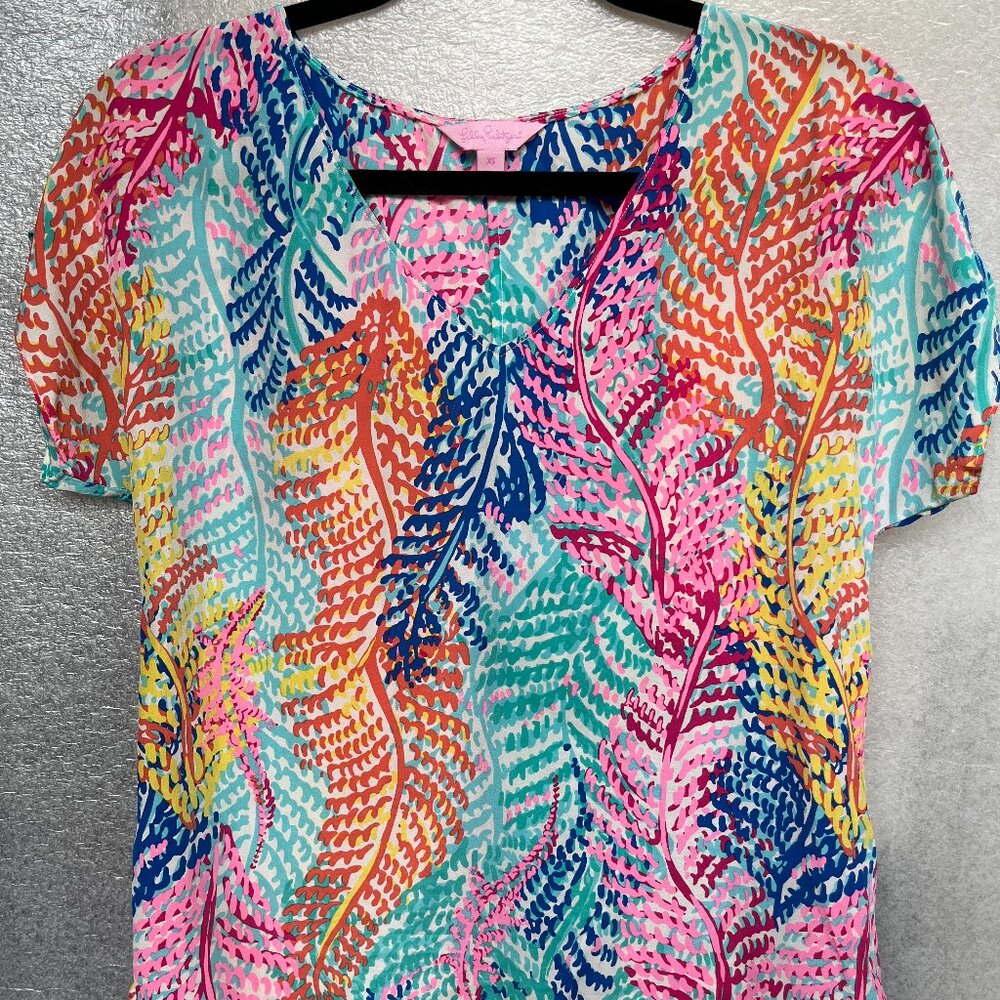 LILLY PULITZER Asher Silk Top in Electric Feel Print Short Cap Sleeves Size XS